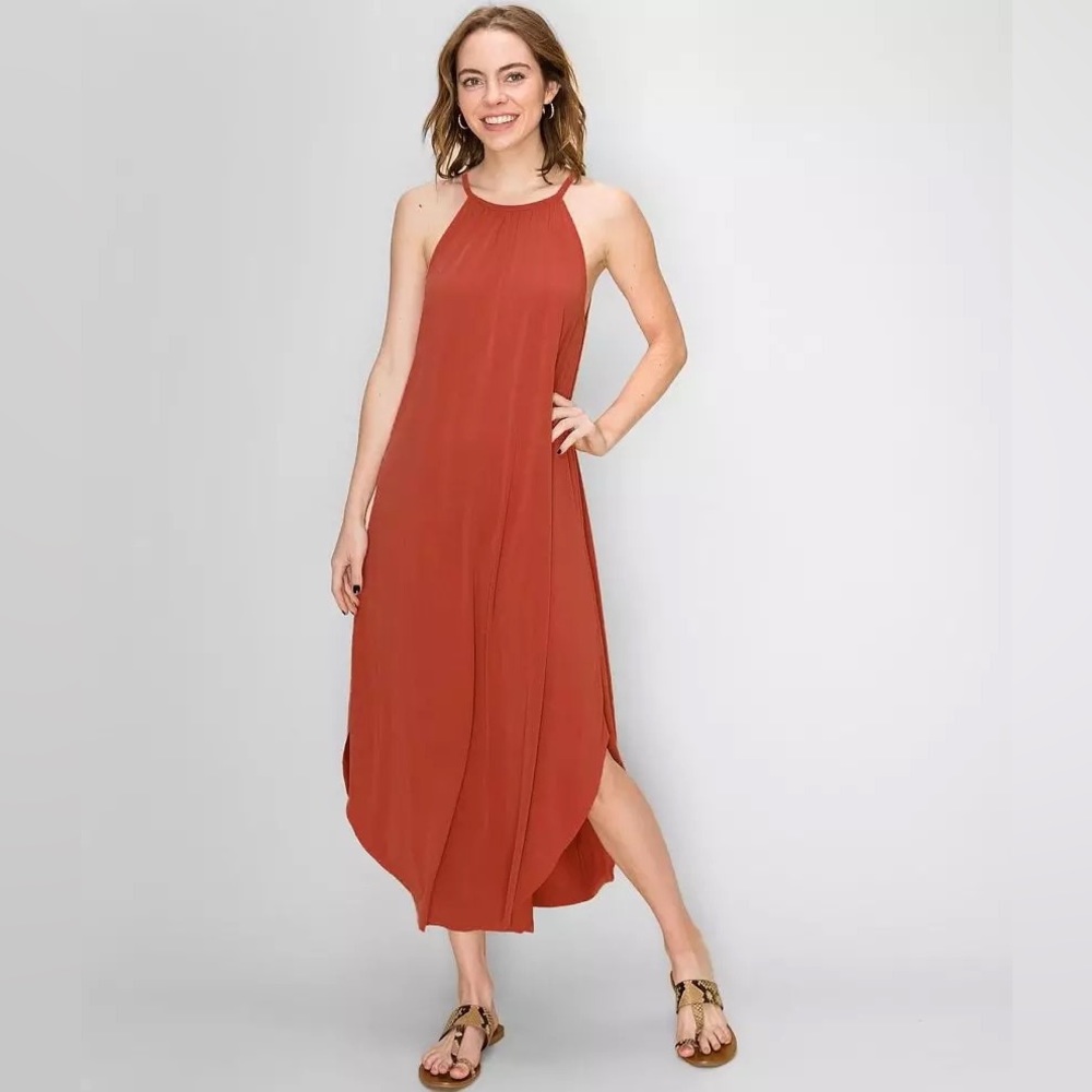 Double Zero Orange Rust High Neck Halter Maxi Dress